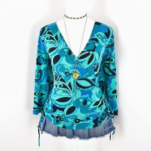 VTG 00s Y2K A. Byer Teal & Black Abstract Floral Paisley 3/4 Quarter Sleeve Top